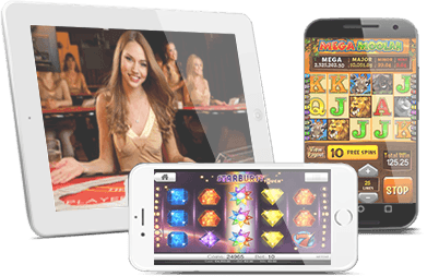 Various devices with online casino games on the screens.