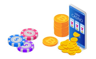A mobile with games for casinos with Bitcoin and colored chips of this cryptocurrency.