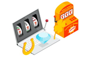 A classic gambling machine and a laptop simulating a slot machine, with a diamond, a horseshoe and a clover as symbols on the reels.
