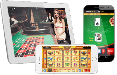 Casino games on the screen of two mobile phones and a tablet.
