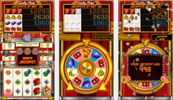 The image is divided into three parts and each one shows the screen of the Lucky Rose game at different times of the game. In the first one you see the reels; in the second and third, you see a roulette wheel in which you can get different prizes.