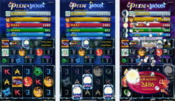 Image divided into three parts in which the Pixie Moon slot screen is shown at different times of the game. Various symbols are seen scattered across the reels, such as the crystal ball or colored letters.